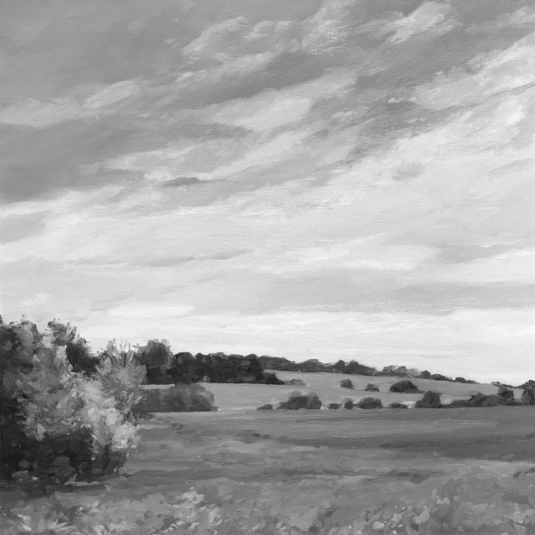 ©2019 Lauren, oil on canvas, field under a clearing sky — to not cloud your impressions